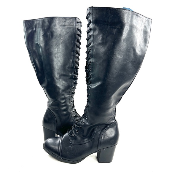 Torrid Wide Calf Women Size 9.5 Black Faux Leather Boot Knee High Lace up Zip - Picture 6 of 11